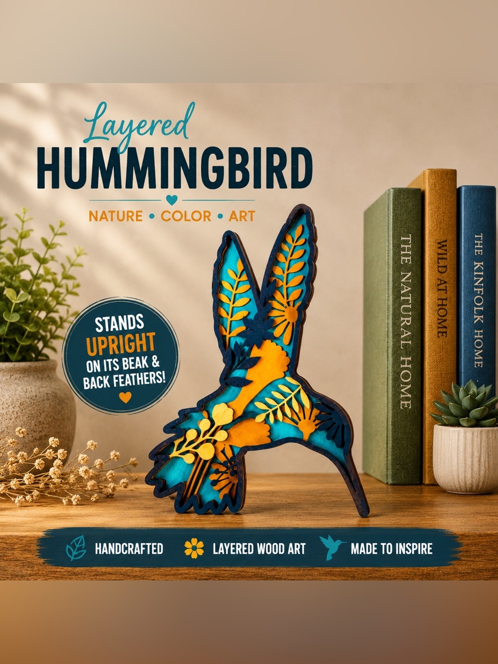 Handcrafted Layered Wood
Hummingbird Art Botanical Decor Multicolor